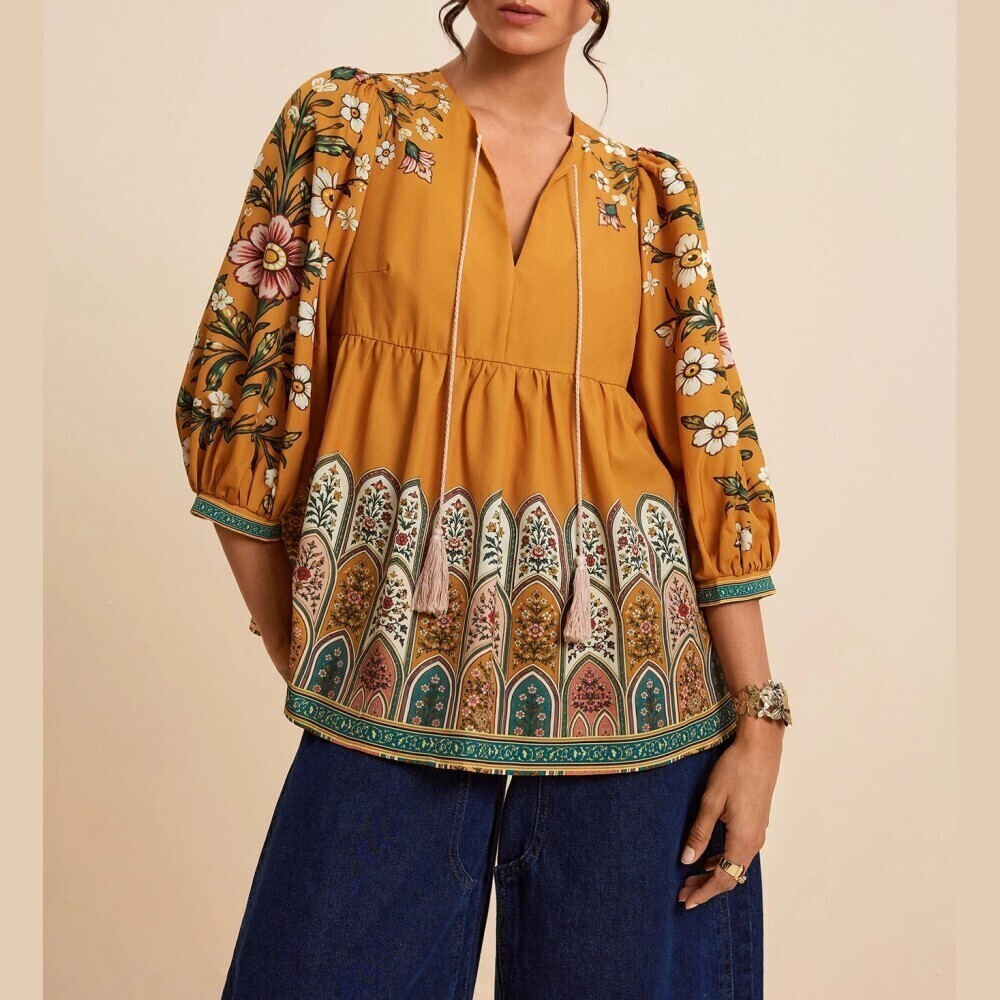 Mustard Floral Border Print Tie Neck Balloon Sleeve Babydoll Tunic Blouse